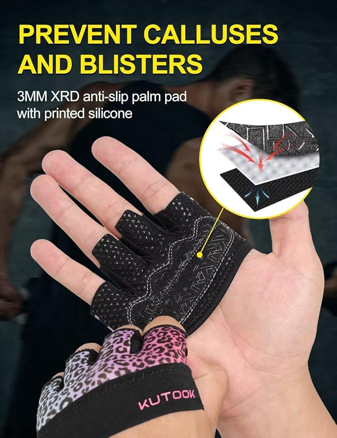 KUTOOK Weight Lifting Workout Gloves for Men/Women, 3mm XRD Padding Grip Gym Gloves, Breathable Partial Gloves for Calluses, Weightlifting Gloves for Exercise, Kettlebell, Pull-Ups, Cross Training