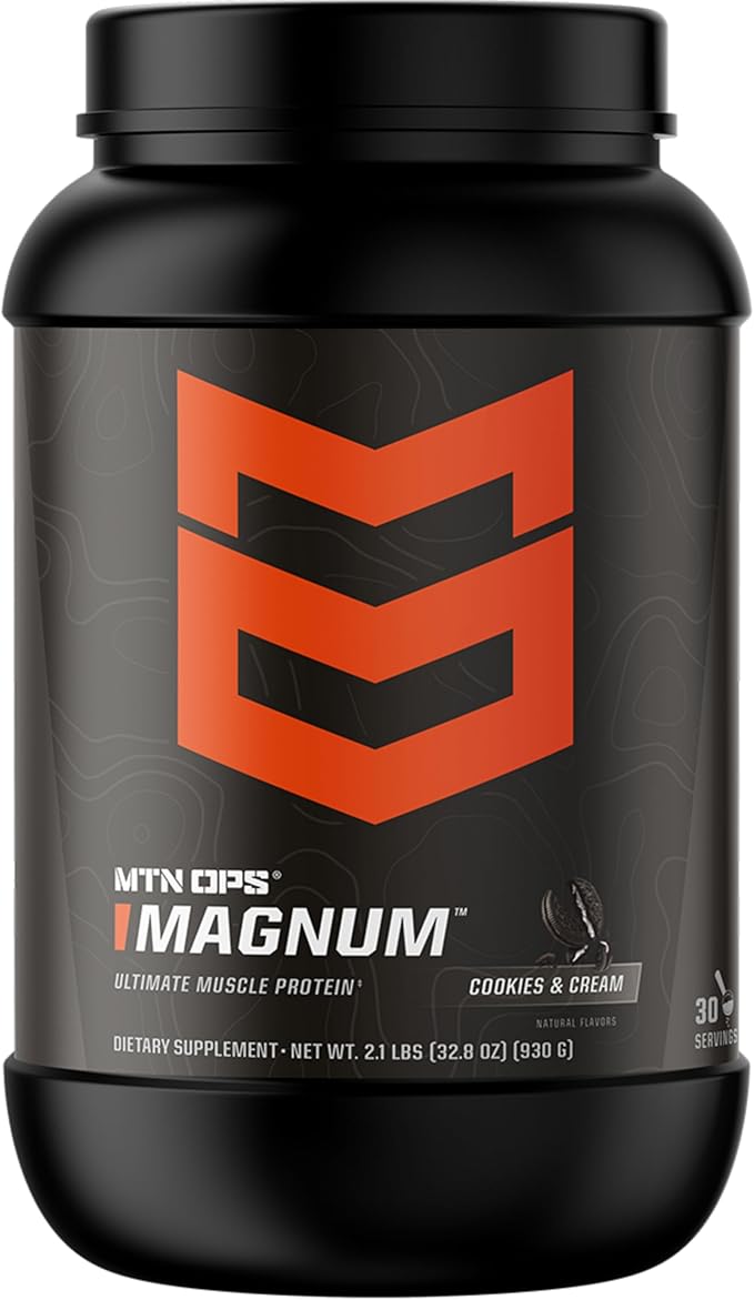 MTN OPS Magnum Cookies & Cream Protein Powder, 23g of Whey Isolate Protein & Milk Protein with BCAAs, Zero Sugar & Gluten Free, Cookies & Cream, 30-Serving Tub