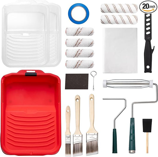 Mister Rui 20-Piece Paint Roller Kit with Non-Slip Tray, Microfiber Roller Covers, Brushes, Drop Cloth, and More for DIY & Professional Painting Projects - Complete Set for Home Improvement