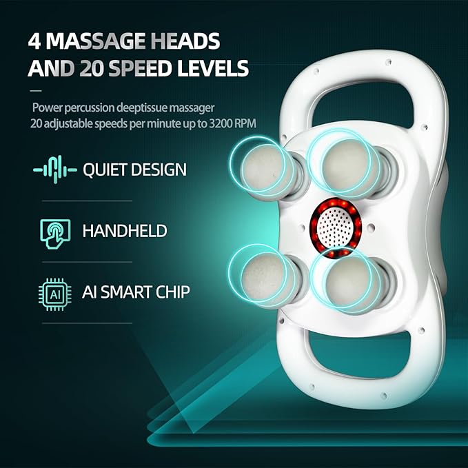 DEITY Massage Gun Deep Tissue, 4-Heads Handheld Electric Body Massager, Percussion Massager for Pain Relief in Back, Leg, Neck, Shoulder and Body, Relax Perfect Gifts for Man Women, White
