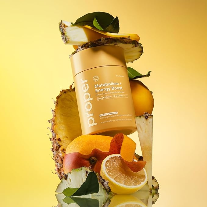 Proper, The Yellows Metabolism and Energy Boost, Sugar Free Energy Drink Powder with 100mg Caffeine. 30 Servings, Pineapple Mango Drink Mix for Men and Women