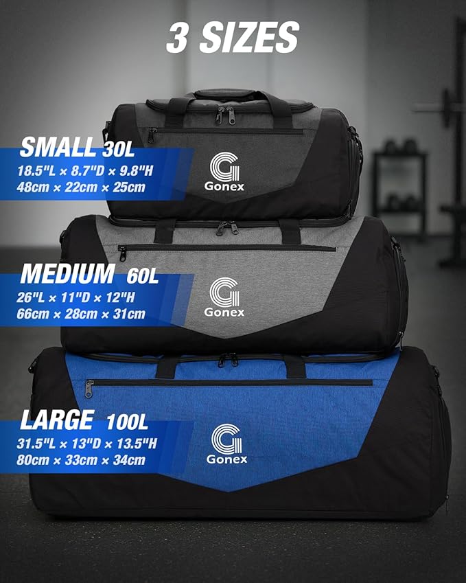 Gonex Gym Duffel Bag with Shoe Compartment Wet Pocket, Large Capacity Sports Duffle Bag for Men Women, Workout & Travel Bag with Multiple Pockets, Black/Gray, Medium (60L)
