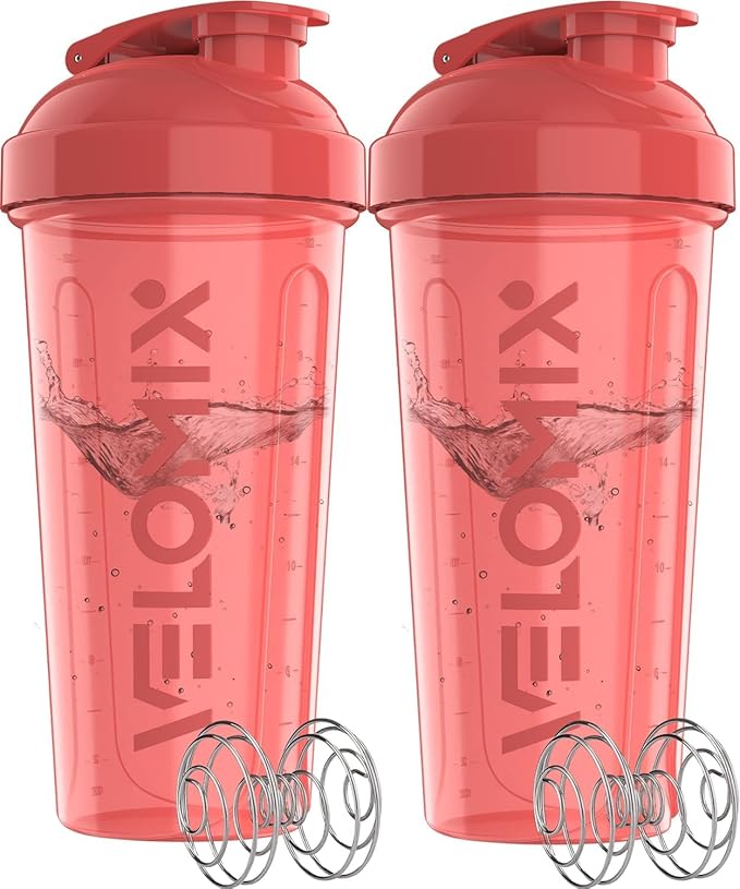 VELOMIX -2 Pack- 28 oz Protein Shaker Bottles for Protein Mixes - 2x Wire Whisk | Leak Proof Shaker Cups for Protein Shakes | Protein Shaker Bottle Pack (Pink Set)