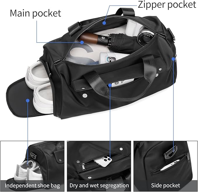 REEYEE Small Gym Bag, Black Waterproof Duffle Bag for Men Women, Cordura Workout Bag with Trolley Sleeve, Duffle Bag for Travel, Sports, Fitness, Training, Yoga, Hospital