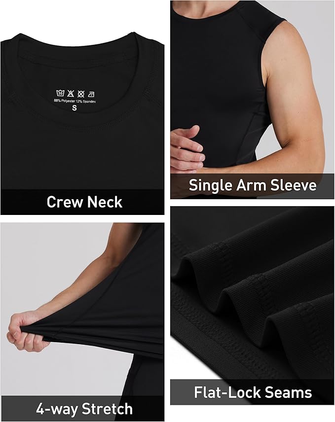 Mens One Arm Sleeve Compression Shirts 1/2 Long Sleeve Athletic Base Layer Undershirt Basketball Workout Top