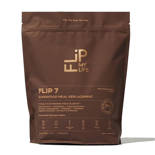 Flip My Life, Flip 7 Natural SuperFood, Plant-Based Protein, Complete Meal Replacement to Support Healthy Gut, 7 Mega Nutrient Rich Blends all in one to AGE BETTER - Chocolate