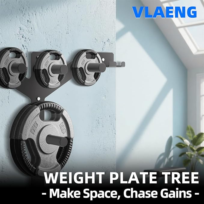 Wall Mounted Weight Plate Rack, 6 Pegs & 4 Barbell Storage Rack, 1190 LBS Capacity Weight Plate Holder, Wall Mounted Bumper Plate Storage for Home Garage Gym, Fit 2" Olympic, Rubber Protection Pads