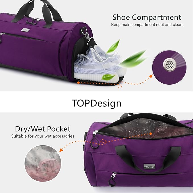 TOPDesign Gym Bag for Women & Men, Unisex Duffel Bag with Shoe Compartment & Wet Pocket for Travel Sports Gym (M Purple)