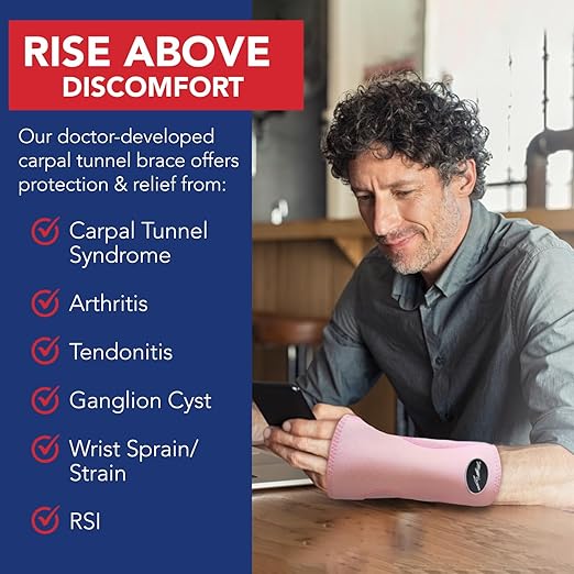 Dr. Arthritis Doctor Developed Premium Carpal Tunnel Night Wrist Brace & Support & Handbook, Fully Adjustable with Comfort Padding & Shaping (Pink Single)