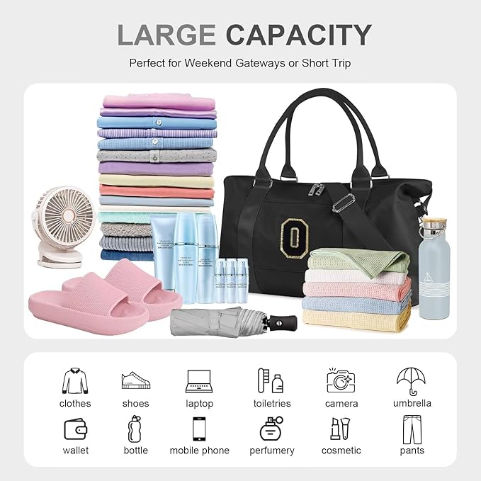 Dance Gym Duffel Bag for Teen Girls, Personalized Initial Travel Weekender Bag,Cute Overnight Carry On Duffle for Women,Sports Travel Cheer Bag,Monogram Christmas Gifts for Tween Preppy(black-O)