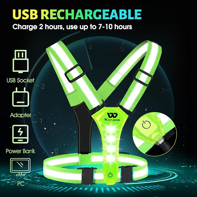 West Biking Running Vest Light - Led Running Reflective Gear for Walking at Night, High Visibility Night Rechargeable Light Up Running Vest, Adjustable Running Lights for Runners