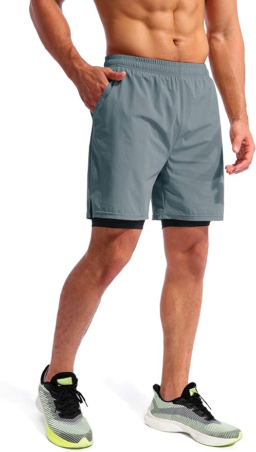 Pudolla Men’s 2 in 1 Running Shorts 5" Quick Dry Gym Athletic Workout Shorts for Men with Phone Pockets