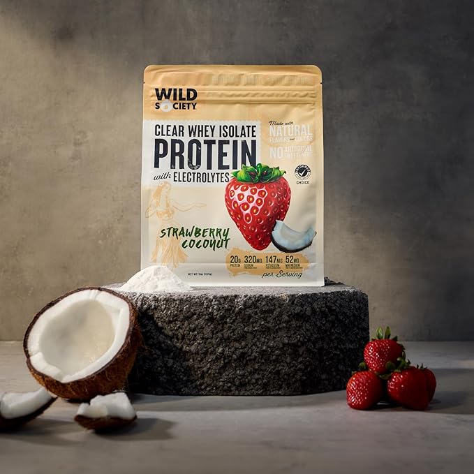 WILD SOCIETY - Clear Whey Protein + Electrolytes - Refreshing Whey Protein Isolate Powder - 20g Protein, 0 Added Sugar, GMO-Free, Natural Flavors & Colors - Strawberry Coconut, 16 oz