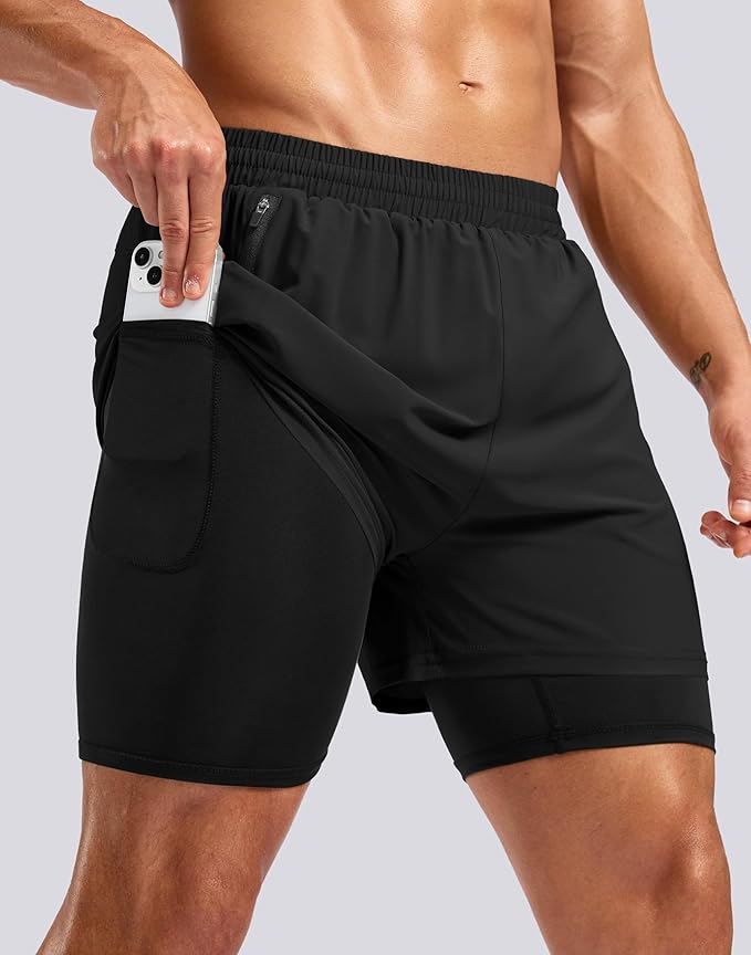 Pudolla Men's 7" Running Shorts with Zipper Pockets Quick Dry 2 in 1 Workout Gym Shorts with Liner for Tennis Yoga Training