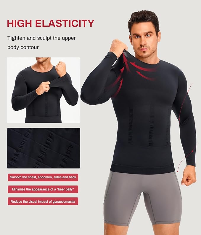 Nebility Shapewear Men Long Sleeve Compression Shirt - Slimming Body Shaper Tummy Control Workout Tank Top Undershirt