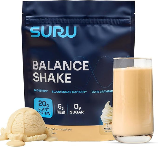 Suru Balance Shake All-in-One w/ 20g Protein, 140 Cal, 6g Fiber, Low Glycemic + Essential Vitamins, Vanilla, 15 Servings