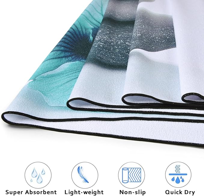 QiyI Yoga Towel with Travel Bag, Microfiber Mat-Sized Hot Yoga Towels, Non Slip Blanket with Corner Pockets, Quick Dry Mat Towel for Bikram, Pilates, Fitness - 70"x26", Pebbles & Blue White Flowers