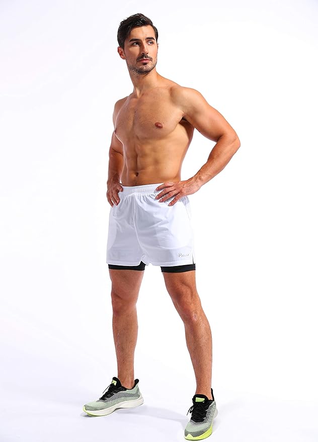 Pudolla Men’s 2 in 1 Running Shorts 5" Quick Dry Gym Athletic Workout Shorts for Men with Phone Pockets