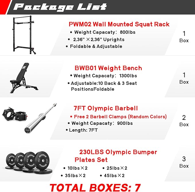 RitFit Multi-Functional Folding Squat Rack for Home Gym, 2.36'' x 2.36'' Wall Mounted Squat Rack with Attachments - Space Saving Squat Power Rack