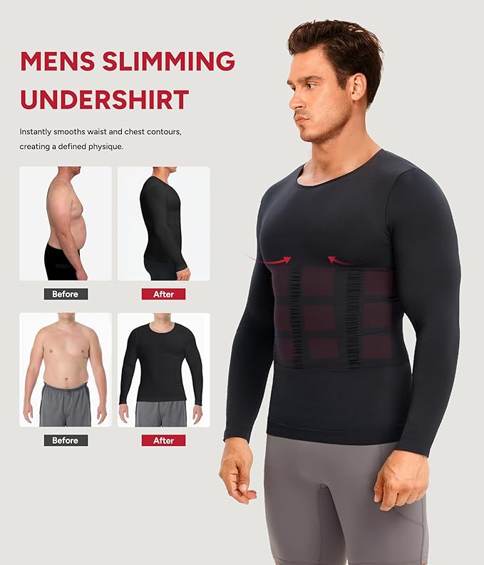 Nebility Shapewear Men Long Sleeve Compression Shirt - Slimming Body Shaper Tummy Control Workout Tank Top Undershirt