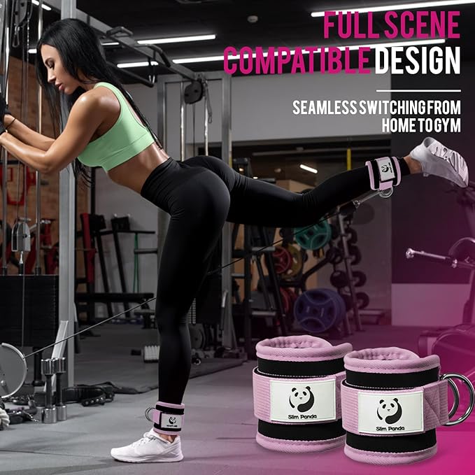 Slim Panda Ankle Strap for Cable Machine,Ankle Cuff for Kickbacks, Booty Hip Abductors,Glute Workouts, Leg Extensions, Curls for Men and Women, Adjustable with Double D-Rings