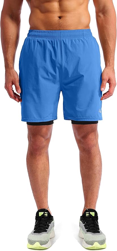 Pudolla Men’s 2 in 1 Running Shorts 5" Quick Dry Gym Athletic Workout Shorts for Men with Phone Pockets