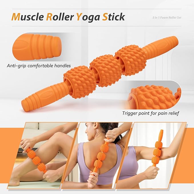 5 in1 Foam Roller Set, Trigger Point Foam Roller, Massage Roller Stick, Massage Ball, Resistance Band for Deep Muscle Massage Pilates Yoga,Fitness Exercise for Whole Body (Pure Orange)