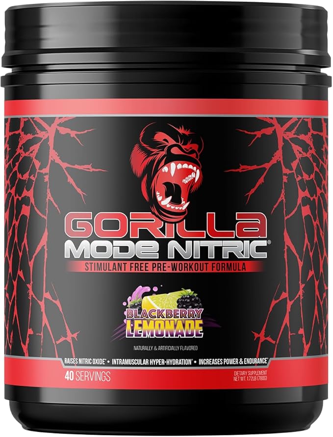 Gorilla Mind - Gorilla Mode Nitric Upgraded Stimulant Free Pre-Workout – Best Tasting & Most Effective Stimulant Free Pre-Workout/Massive Pump · Vasodilation · Power / 780 Grams (BlackBerry Lemonade)
