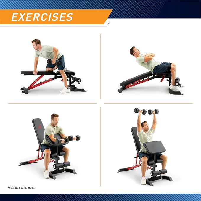 Marcy Adjustable Weight Bench for Home Gym, Heavy-Duty Workout Bench Press with 7-Position Backrest, Incline Decline Flat, Preacher Curl Pad, Leg Anchor, Full Body Strength Training Equipment SB-7799