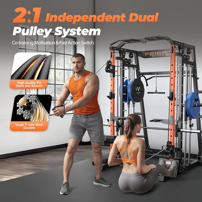 FEIERDUN Smith Machine Deadlift Power Cage FOR01,2200lbs Squat Rack for Home Gym,Dual LAT Pull Down & Cable Crossover Machine with Leg Hold-Down Attachment