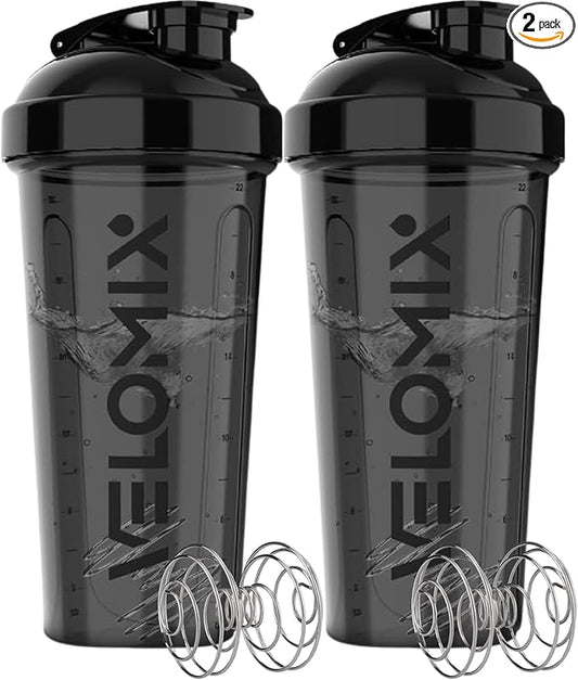 VELOMIX -2 Pack- 28 oz Protein Shaker Bottles for Protein Mixes - 2x Wire Whisk | Leak Proof Shaker Cups for Protein Shakes | Protein Shaker Bottle Pack | Shakers for Protein Shakes - 2xBlack