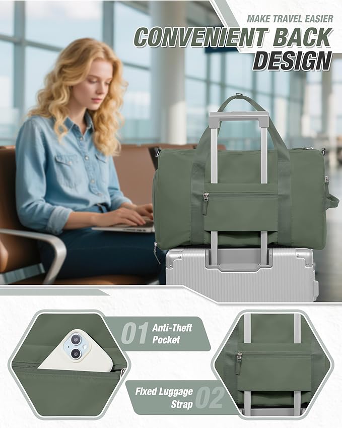Gym Duffle Bag for Women Carry on Luggage Travel Essentials Airline Approved Personal Item 18x14x8 Inches Lightweight Weekender Sports Travel Duffel Bag with Shoe Compartment Wet Pocket Men Green
