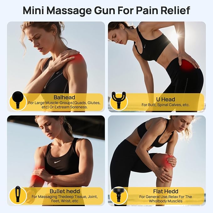 Mini Massage Gun Deep Tissue, Handheld Portable Mini Travel Size Percussion Deep Tissue Massager with 4 Attachments & 5 Speeds, Ideal Gift for Men & Women, Yellow