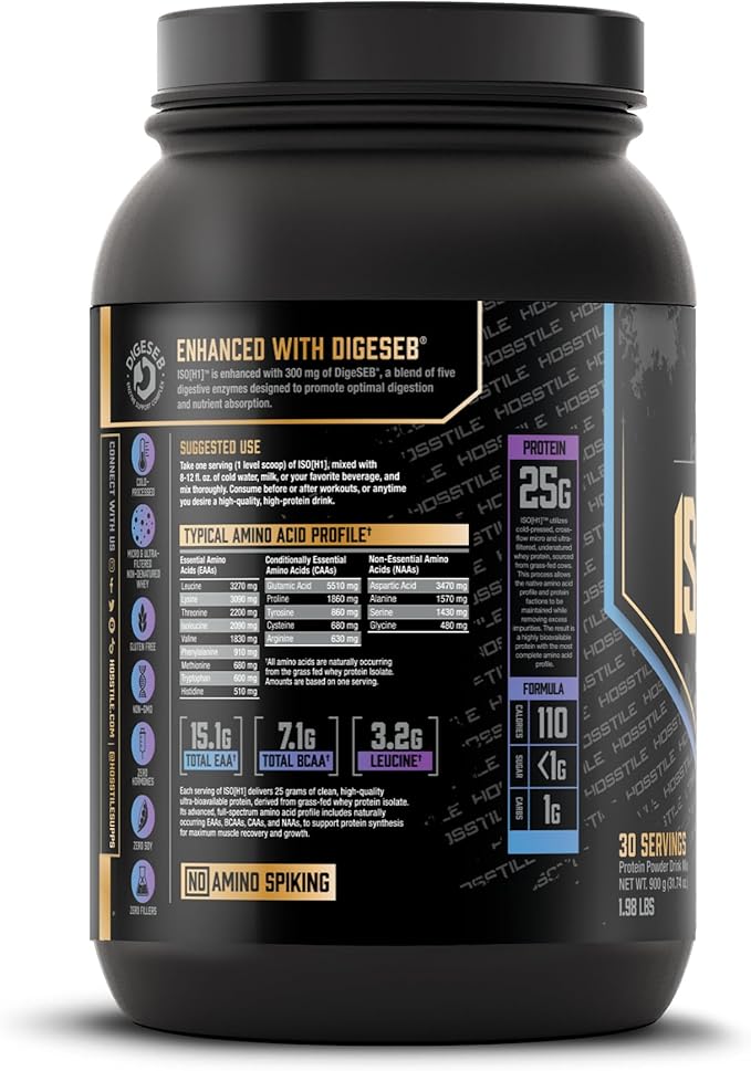 HOSSTILE ISO[H1] Grass Fed Whey Protein Isolate with Digestive Enzymes, Whey Protein Powder for Muscle Gain & Muscle Recovery, Post Workout Recovery Drink, Blueberry Donut, 30 Servings