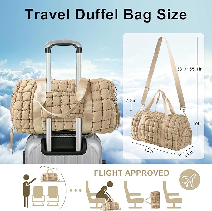 Quilted Travel Duffle Bag Gym Bag for Women,Large Puffer Duffle Weekender Bag with Compartment,Workout Overnight Carry on Organizer Bag Duffle Bag for Airplane Travel(Khaki)
