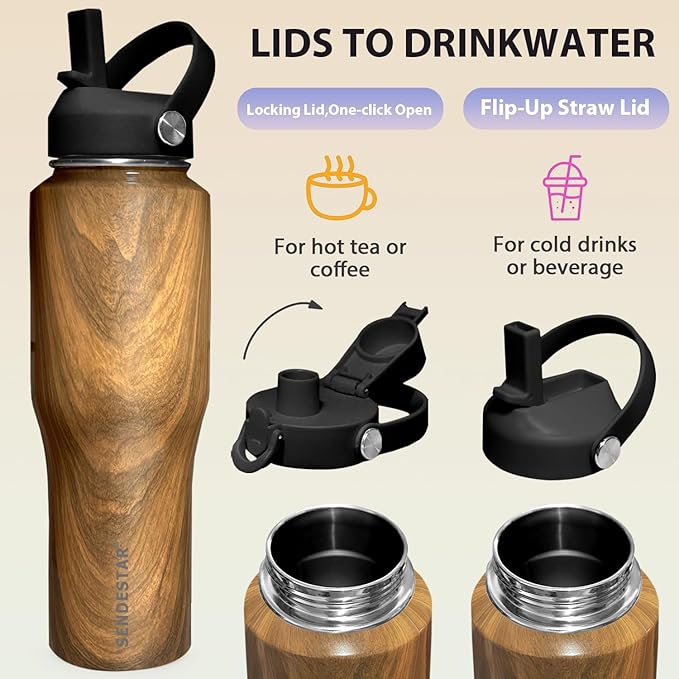 SENDESTAR 32oz Water Bottle Wide Mouth Stainless Steel Vacuum Insulated Double Wall with Straw Lids Fit in Any Car Cup Holder