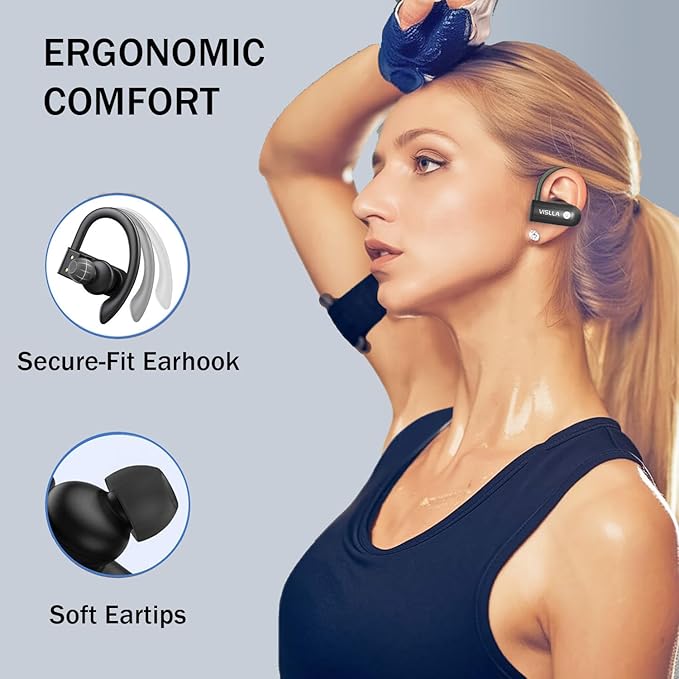 Vislla Wireless Earbuds, Bluetooth Earbuds with Earhooks, 82H Long Battery Life,HiFi Running Headphones with Mic,PU Leather Charging Case,Waterproof Sport Ear Buds for Gym Working Out