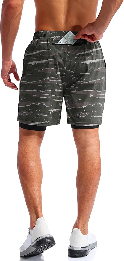 Pudolla Men’s 2 in 1 Running Shorts 5" Quick Dry Gym Athletic Workout Shorts for Men with Phone Pockets