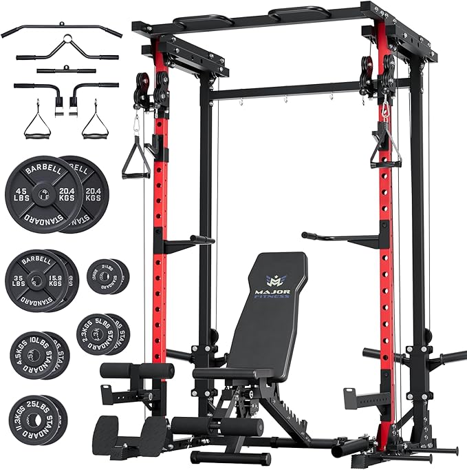 MAJOR FITNESS Drone3 Power Rack, Multi-Function Home Gym Squat Rack with Pull-Up Bar, Cable Crossover & J-Hooks, Heavy-Duty Steel Frame for Maximum Stability & Strength Training