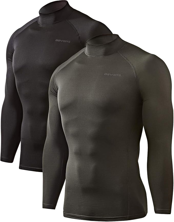 DEVOPS 2 Pack Men's Thermal Turtle Mock Neck Shirts, Compression Long Sleeve Tops and Hoodies
