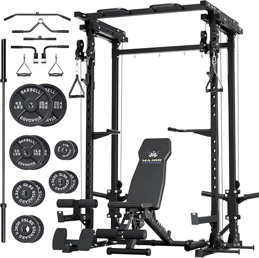 MAJOR FITNESS Drone3 Power Rack, Multi-Function Home Gym Squat Rack with Pull-Up Bar, Cable Crossover & J-Hooks, Heavy-Duty Steel Frame for Maximum Stability & Strength Training
