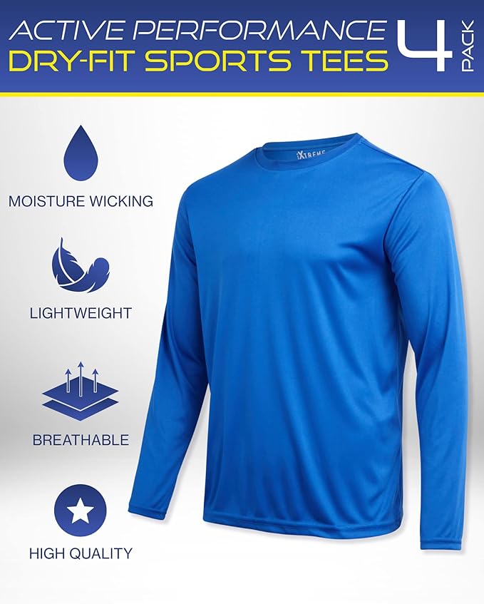 iXtreme Mens Athletic Shirts - 4 Pack Moisture Wicking Long Sleeve Dri Fit Shirts for Men - Workout Tops & Activewear (S-3X)