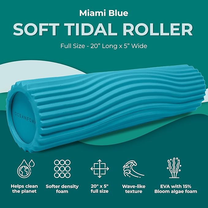 Oceanfoam Soft Tidal Roller (Miami Blue) - Low Density Foam Roller for Physical Therapy, Back Pain, Exercise & Stretching - Wave Textured - Yoga, Athletics, & Wellness - Full Size, 20" x 5"