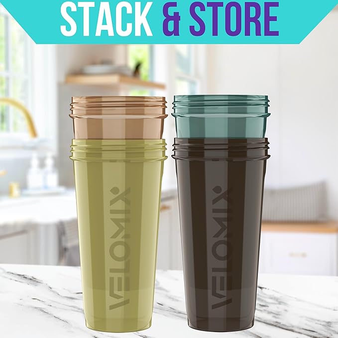 VELOMIX -4 PACK- 28 oz Protein Shaker Bottle for Protein Mixes - 4x Wire Whisk | Leak Proof Shaker Cups for Protein Shakes | Protein Shaker Bottle Pack | Protein Shake Cup (Urban Clay)