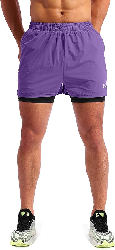 Pudolla Men’s 2 in 1 Running Shorts 5" Quick Dry Gym Athletic Workout Shorts for Men with Phone Pockets