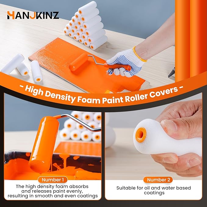 Foam Paint Roller, 24 Pack, 4 Inch Mini Paint Roller Covers, High Density Foam Paint Roller, Small Paint Rollers for All Flat Surfaces, Suitable for Wall，Kitchen Cabinets, Doors, Tables, Etc