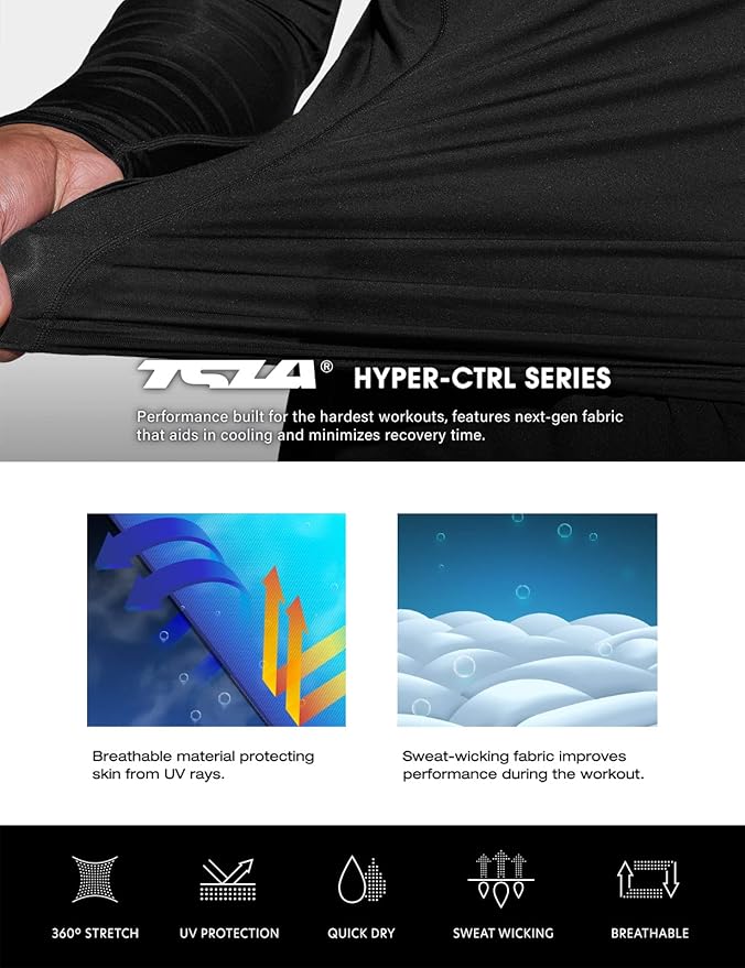 TSLA Men's UPF 50+ Compression Shirts, Cool Dry Long Sleeve Athletic Tops, Sports Baselayer Workout Shirt