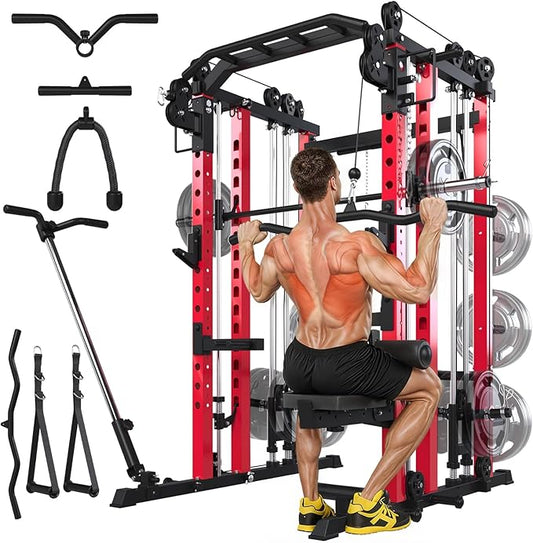 Power Squat Rack Cage Home Gym, 2000lbs All in One Dual Cable Crossover Machine with LAT Pulldown Strength Training Power Cages with Pulley Workout System, Garage Bench Press