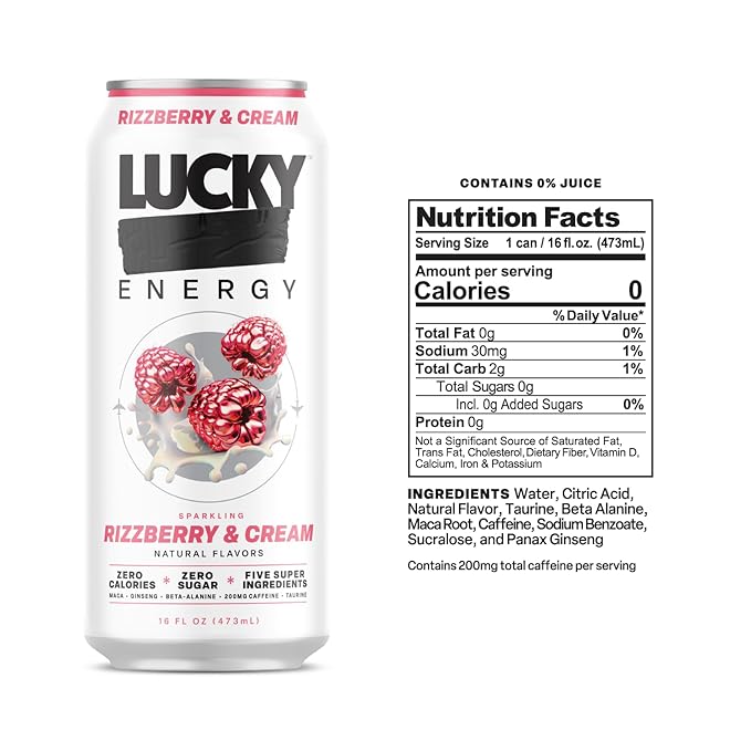 Lucky Energy Sugar Free Energy Drinks, Rizzberry and Cream, 16oz Cans (12-Pack) Healthy, Zero Sugar Energy Drink with Maca, Ginseng, Beta-Alanine, Taurine & 200mg Caffeine