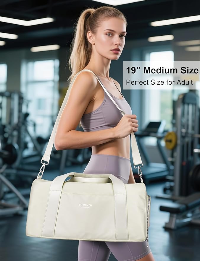 Gym Bag for Women and Men with Shoe Compartment & Wet Pocket - Duffle Bag for Travel Sports Fitness Workout Athletic, 19"-Medium, Beige